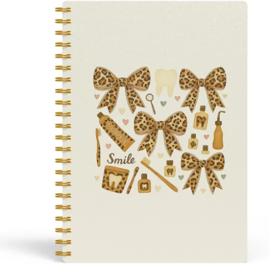 Carnet de notes à spirales pour dentiste avec nœud coquette léopard, 14 x 21 cm, fournitures scolaires, meilleur cadeau pour dentiste pour femme