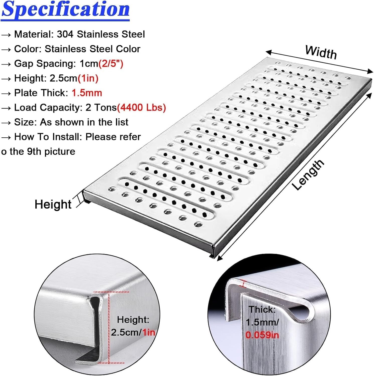 Lot de 5 grilles de vidange en acier inoxydable 304 pour trottoir de cuisine et cour Argenté 58 x 10 x 2,5 cm Lot de 5 58X10X2.5cm/22.8X3.9X1in