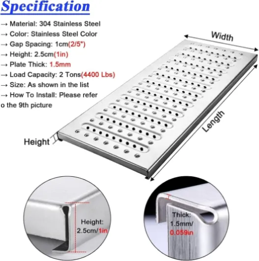 Lot de 5 grilles de vidange en acier inoxydable 304 pour trottoir de cuisine et cour Argenté 58 x 10 x 2,5 cm Lot de 5 58X10X2.5cm/22.8X3.9X1in