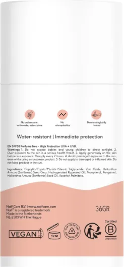 Stick Solaire Minéral Bébé & Enfant SPF 50 – 0% parfum, sans microplastiques, huiles minérales ni silicones, protection UVA/UVB, résistant à l’eau, testé dermatologiquement – 36 g Stick- 0% Perfume