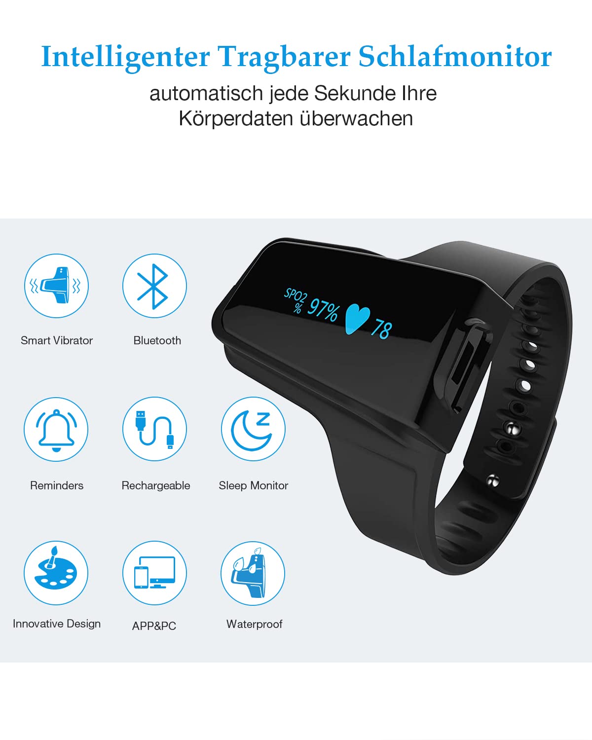 Oxymètre de Doigt Wellue, 72 heures d'autonomie, Apnée Sommeil Meter, Compteur de Saturation en Oxygène avec Bluetooth, Moniteur de Sommeil Portable avec Rapport APP et PC