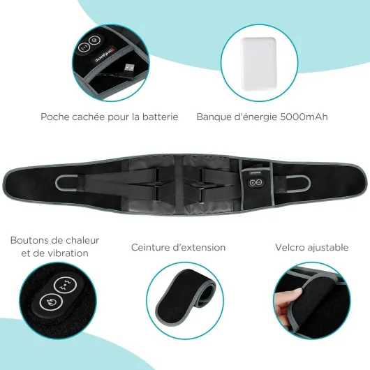 Comfytemp Ceinture Lombaire Chauffante,150x20cm Coussin Chauffant Pour La Taille Sans Fil avec 3 Modes De Massage et 3 Niveaux de Température, Ceinture Massage pour Détendre les Lombaires, Abdominales