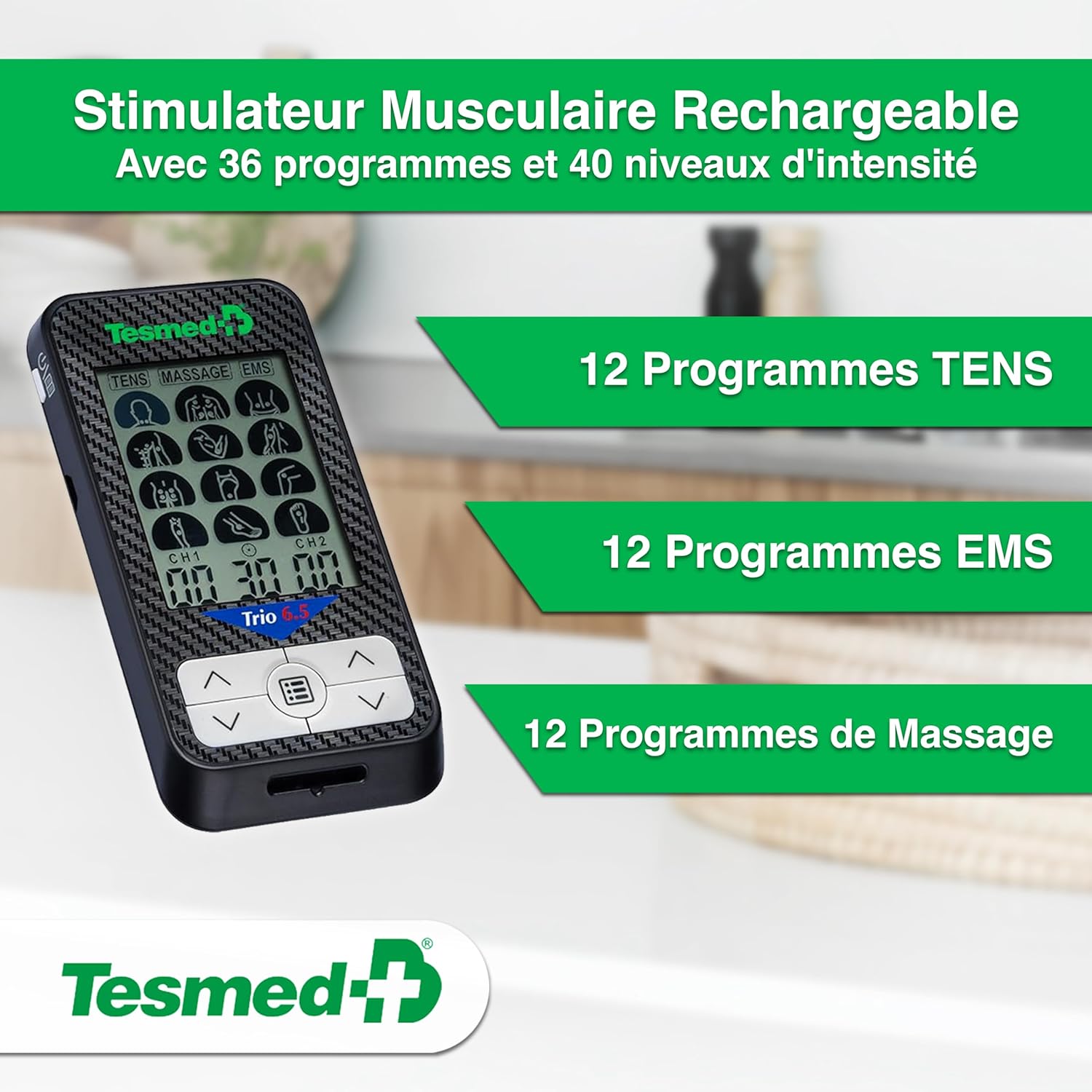 Trio 6.5: Électrostimulateur Musculaire Rechargeable par USB - 36 Programmes, 40 Niveaux d'Intensité, 4 Électrodes - EMS, TENS et Massage - Idéal pour Fitness et Thérapie de la Douleur