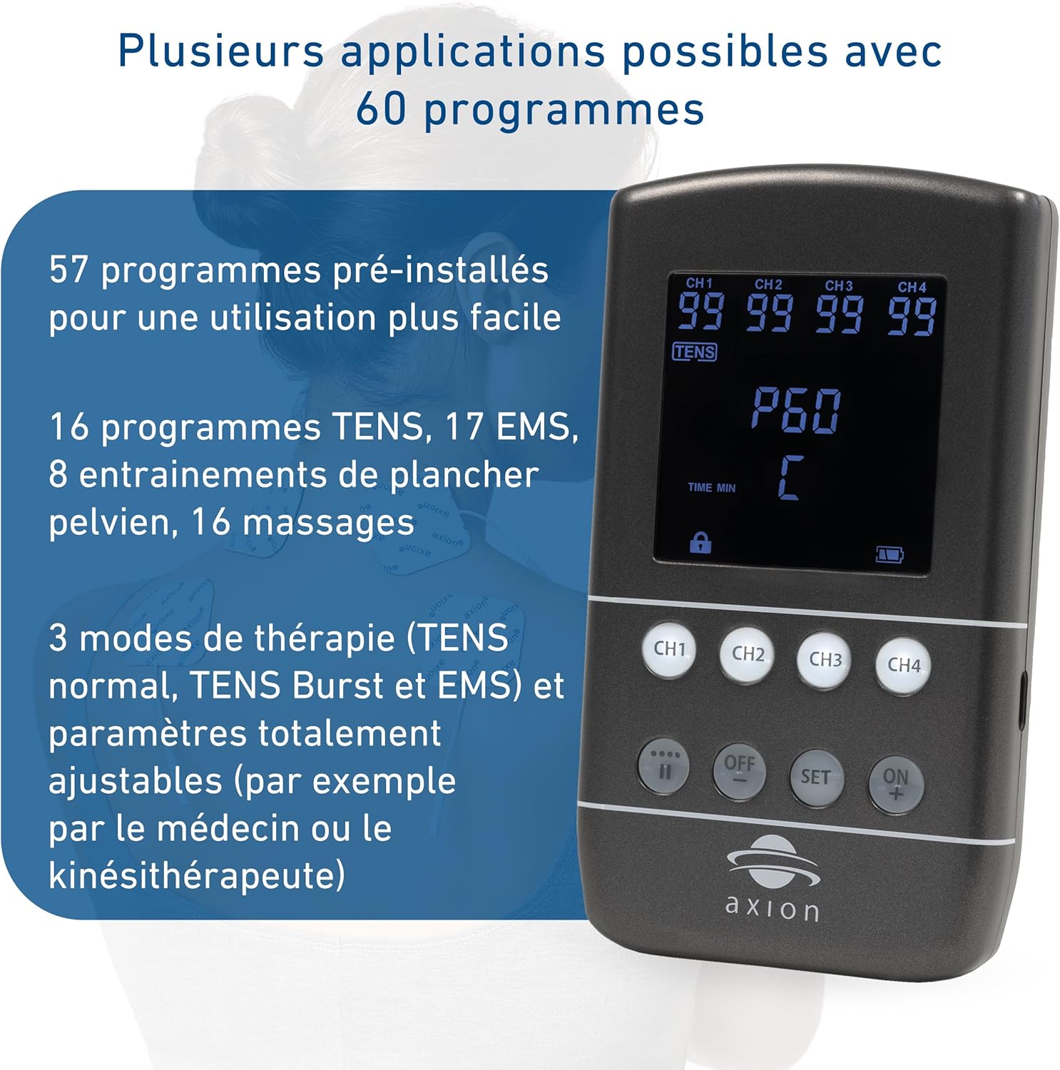Appareil TENS EMS 4 canaux pour soulager la douleur par stimulation nerveuse électrique, entraînement musculaire, massage et rééducation du plancher pelvien - Batterie et 12 électrodes inclus 3) X9b