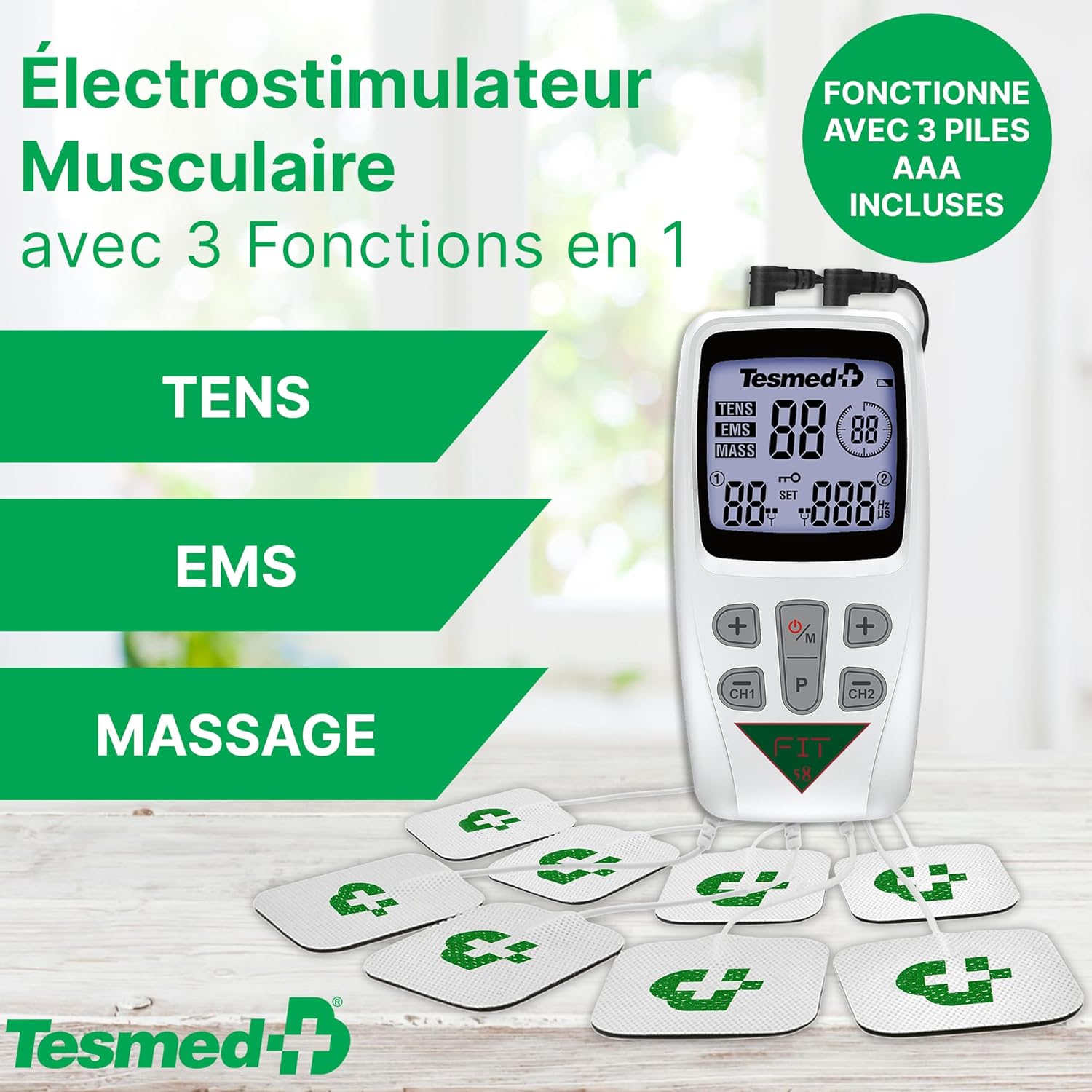 Fit Électrostimulateur musculaire pour EMS, TENS, Massage (3 en 1), 22 programmes dont 6 personnalisables, parfait pour soulager les douleurs et stimuler les Abdominaux, Fesses, Pectoraux Fit 5.8 avec 8 électrodes