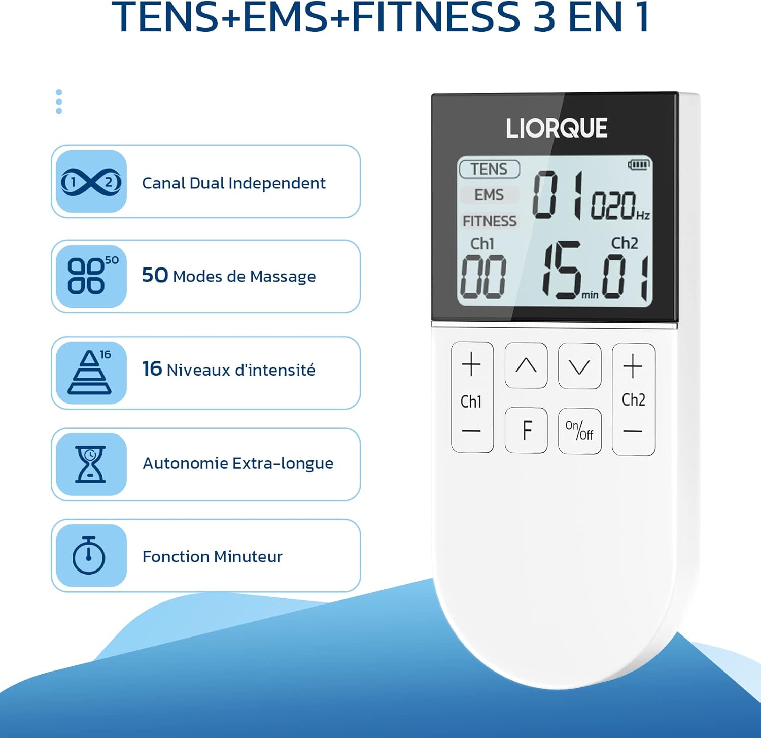 Muscle Stimulator, TENS Muscle Stimulator with 2 Independent Channels, With 3 Modes of Operation of TENS/EMS/FITNESS for a total of 50 Massage Programs Blanc