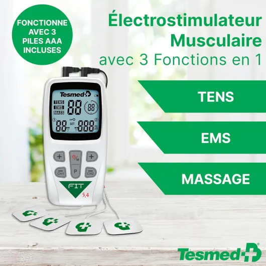 Fit Électrostimulateur musculaire pour EMS, TENS, Massage (3 en 1), 22 programmes dont 6 personnalisables, parfait pour soulager les douleurs et stimuler les Abdominaux, Fesses, Pectoraux Fit 5.4 avec 4 électrodes