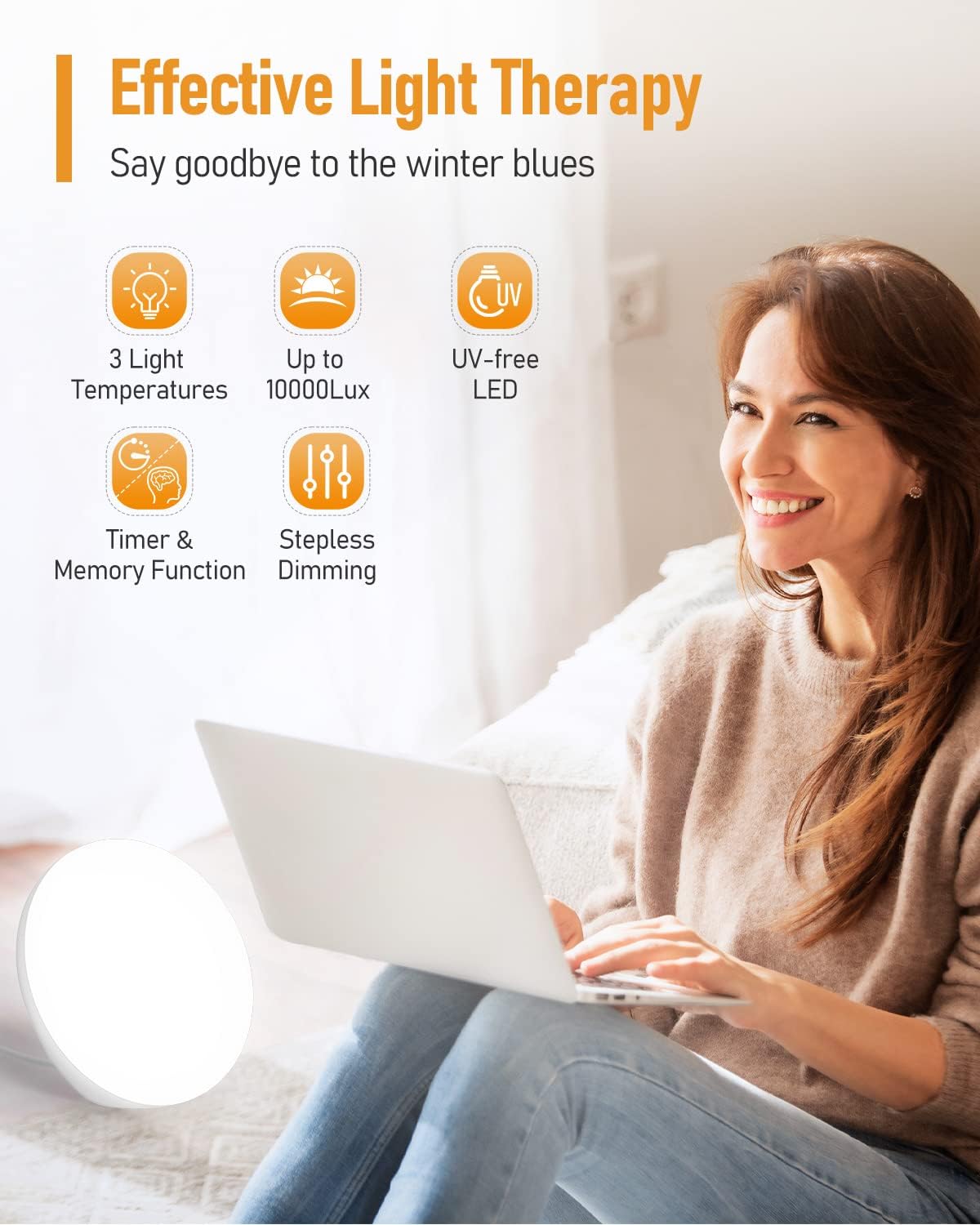 Lampe de Luminothérapie du jour 10 000 Lux -avec Couleurs de Lumière, Luminosités et Réglages de Minuterie Réglables, Sans Clignotement [Classe énergétique F]