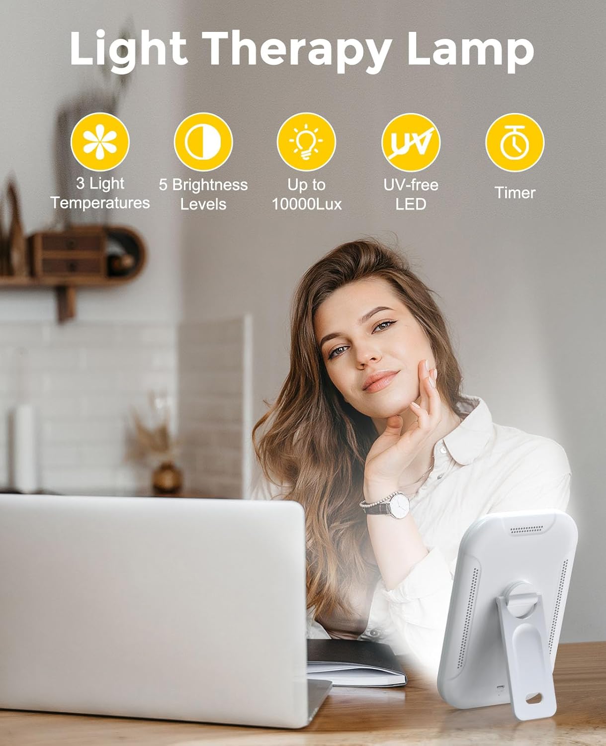 Lampe de luminothérapie, 10 000 lux, simulation de la lumière du jour, 5 Luminosité Réglable & 4 Minuteri, 90° Pliable Pour Bureau/Maison, SAD Lampe LED Efficace des Troubles Affectifs Saisonniers