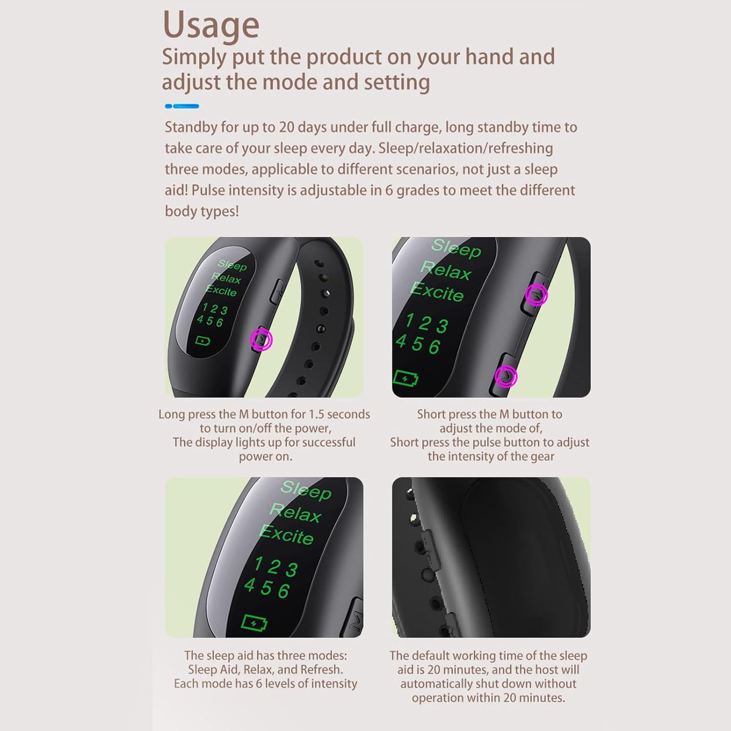 Machine D'aide Au Sommeil Pour Adultes, Aide au sommeil bracelet montre dispositif soulagement de l'anxiété 3 Modes 6 force microcourant aide au sommeil Machine Pour Adultes Soulager le Stress