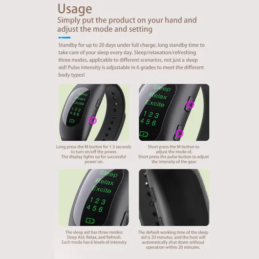 Machine D'aide Au Sommeil Pour Adultes, Aide au sommeil bracelet montre dispositif soulagement de l'anxiété 3 Modes 6 force microcourant aide au sommeil Machine Pour Adultes Soulager le Stress