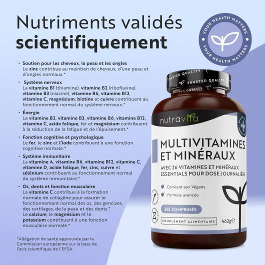 Multivitamines et Minéraux - 365 Comprimés (12 Mois) 26 Nutriments dont Zinc Fer Selenium Vitamine C A B D3 E K - Vitamines, Minéraux et Compléments Vegan Haute Absorption 365 unité (Lot de 1)