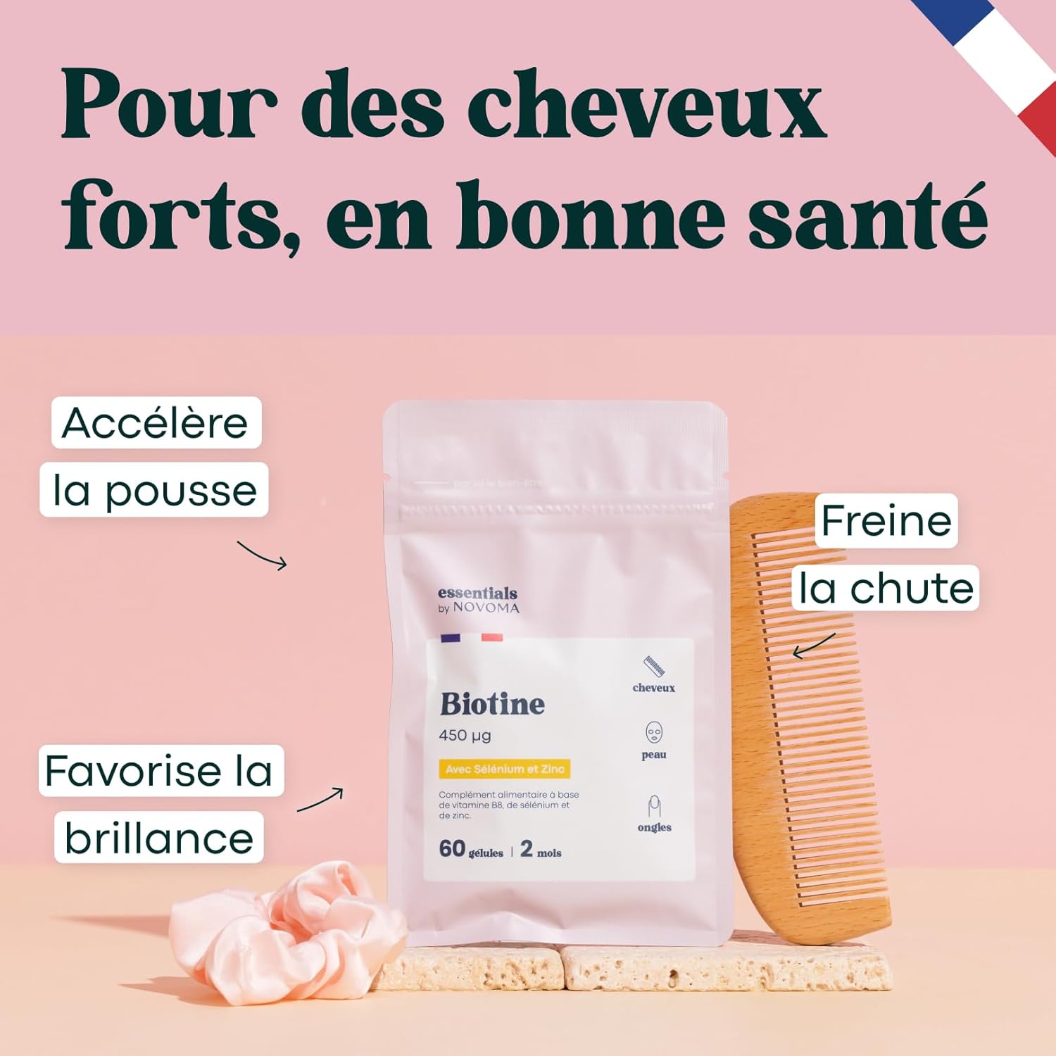 Biotine avec Sélénium et Zinc, Accélère la Pousse des Cheveux, Cure de 2 mois, 60 Gélules Végétales, Complément Alimentaire de Vitamine B8, Fabriqué en France, Essentials by Novoma Essentials By Novoma - 60 Gélules
