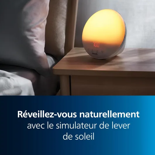 SmartSleep Wake-up Light – Lampe de réveil, Simulation colorée du lever de soleil, 20 niveaux de luminosité, 6 sons naturels, Fonction d’éclairage nocturne, Modèle HF3521/01