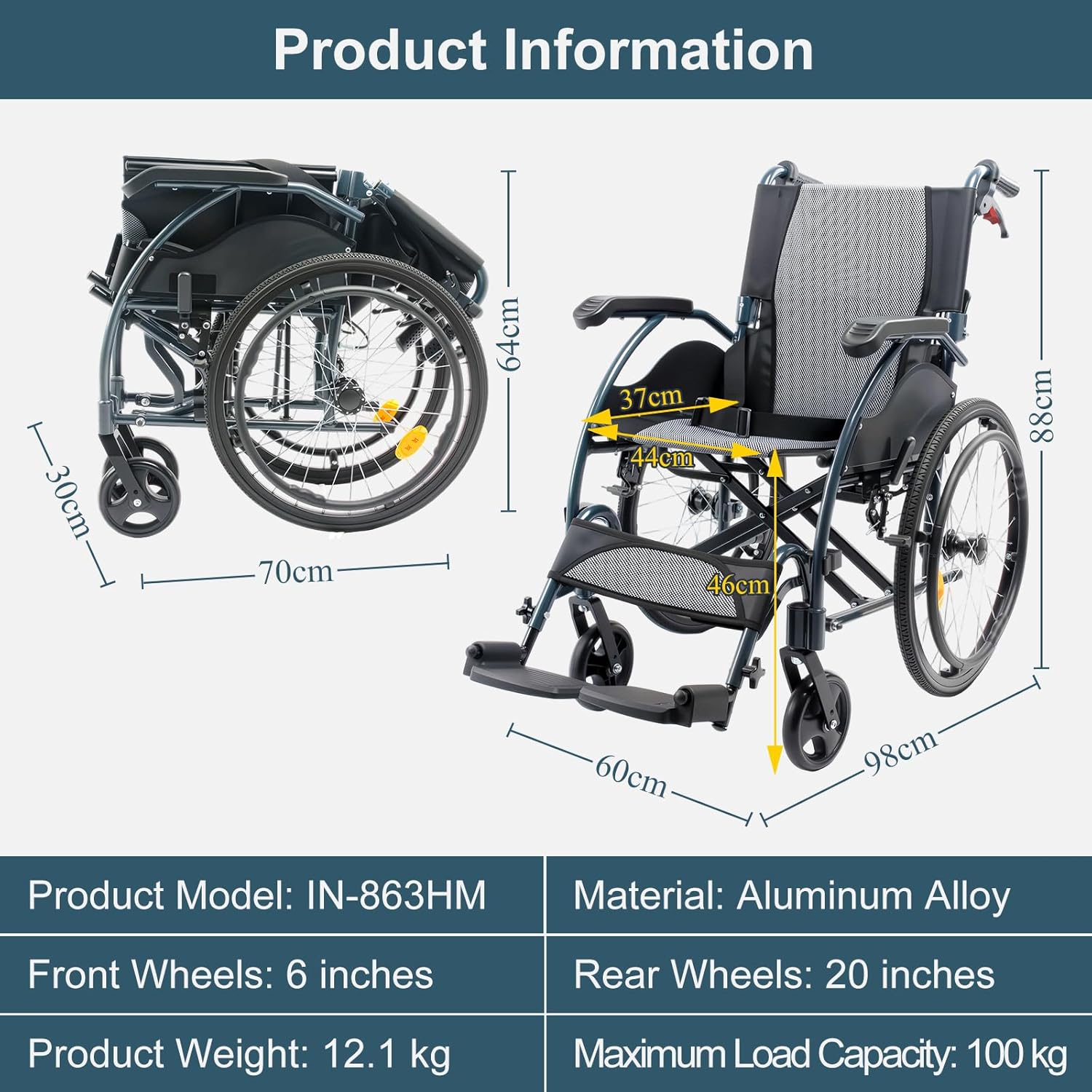 Fauteuil Roulant Autopropulsé en Aluminium - Léger (12 kg), Compact et Pliable - Fauteuil de Transport avec Freins et Dossier Rabattable, Assise 44 cm - Pour Adultes et Sénior (IN-863HM)