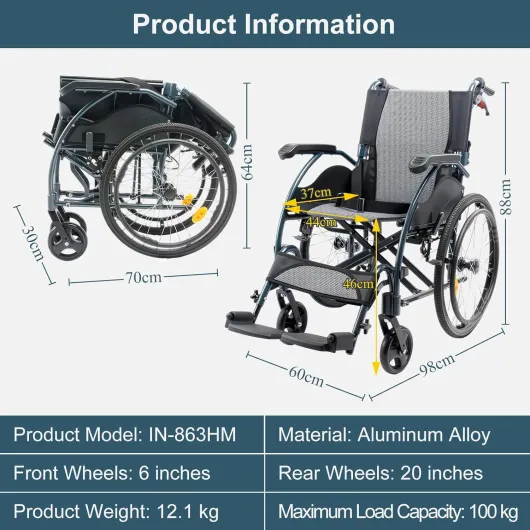 Fauteuil Roulant Autopropulsé en Aluminium - Léger (12 kg), Compact et Pliable - Fauteuil de Transport avec Freins et Dossier Rabattable, Assise 44 cm - Pour Adultes et Sénior (IN-863HM)