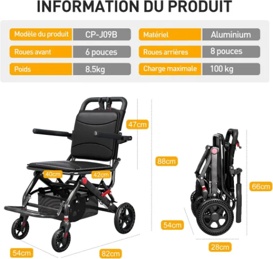 Care Parents Fauteuil roulant pliable et léger,8,5 kg,en aluminium,Chaise roulante,Panier de courses, Pneus increvables, pour personnes âgées et handicapées, Voyages, Transit, jusqu’à 100 kg(CP-J09B)