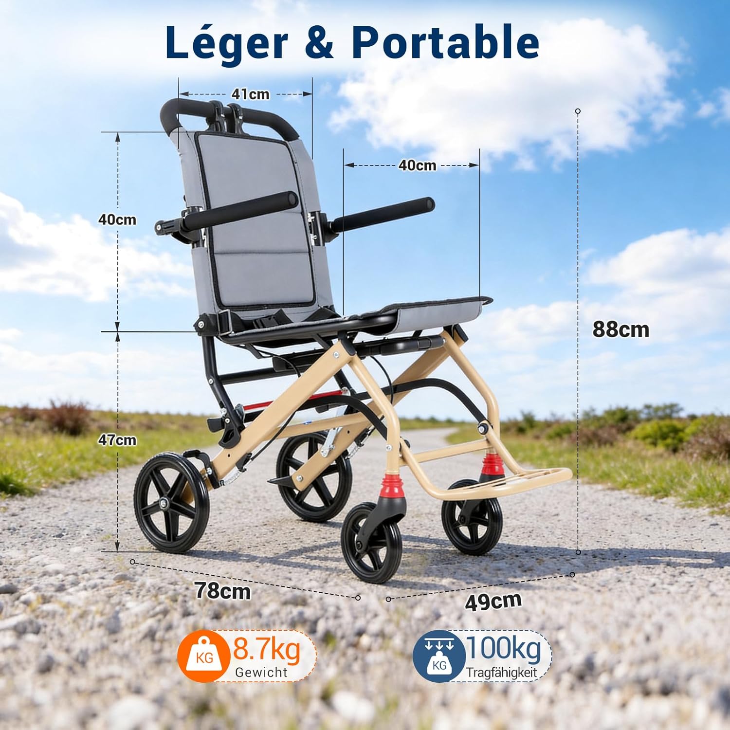 Care Parents Fauteuil Roulant de Transfert Pliable (8,7kg) - Mode Valise & Poignée Télescopique - Chaise Roulante Voyage Aluminium - Accoudoirs Relevables, Assise Ergonomique, Jusqu'à 100kg (CP-9209)