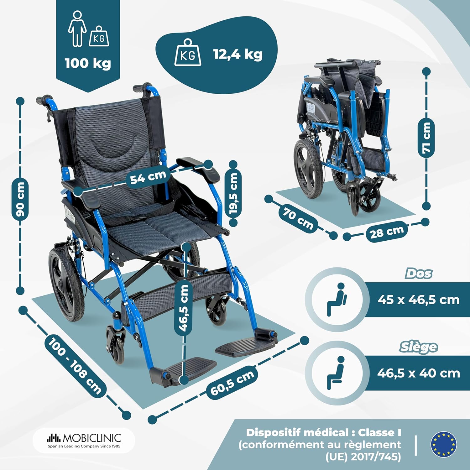 ®, Fauteuil Roulant Pliant Léger, de Transfert, Dossier Rabattable, Repose-Pieds Rabattables, Double Système de Freinage, Acier Renforcé, Jusqu'à 100 kg, Léger et Compact, Faraón