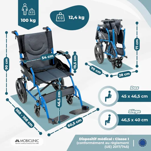 ®, Fauteuil Roulant Pliant Léger, de Transfert, Dossier Rabattable, Repose-Pieds Rabattables, Double Système de Freinage, Acier Renforcé, Jusqu'à 100 kg, Léger et Compact, Faraón