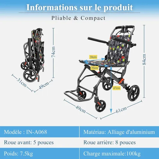 Fauteuil Roulant de Transfert Pliable et Ultra-Léger (7,5 kg)-Assise 39 cm - Chaise roulante Compact et Ultra-Étroit - Idéal pour les voyages et l'intérieur -Jusqu'à 100 kg (IN-A068)