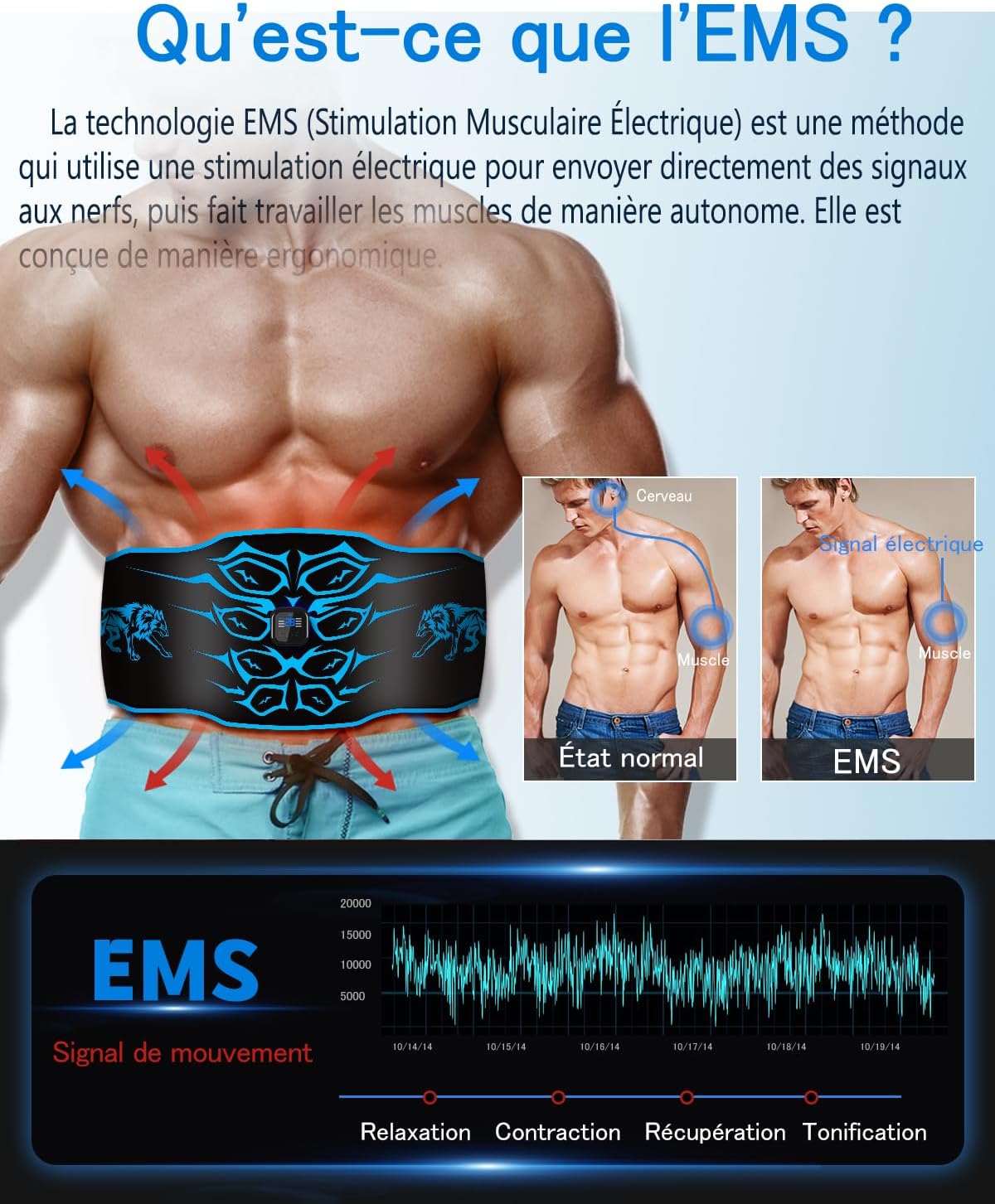 Stimulateur Musculaire Electrique – Ceinture Abdominale Electrostimulation lavable , 8 modes, 30 niveaux, appareil de fitness portable rechargeable, Convient pour la maison, le bureau , Homme Femme Bleu