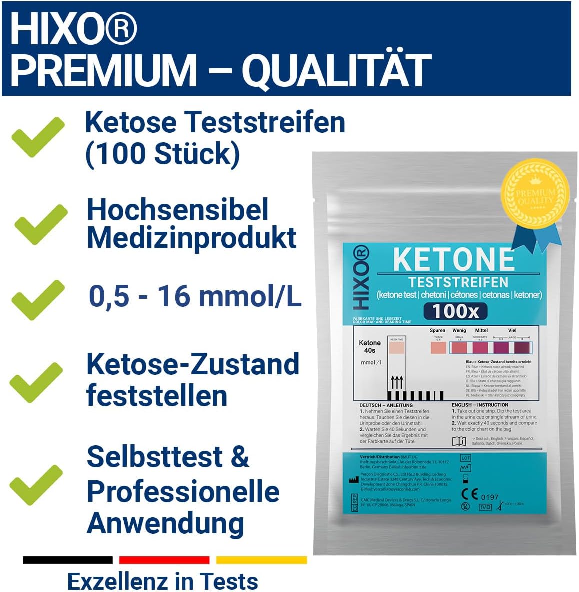 Lot de 100 bandelettes de test de cétose pour cétose dans l'urine, mesure rapide et précise pour régime céto, faible teneur en glucides et cétogène