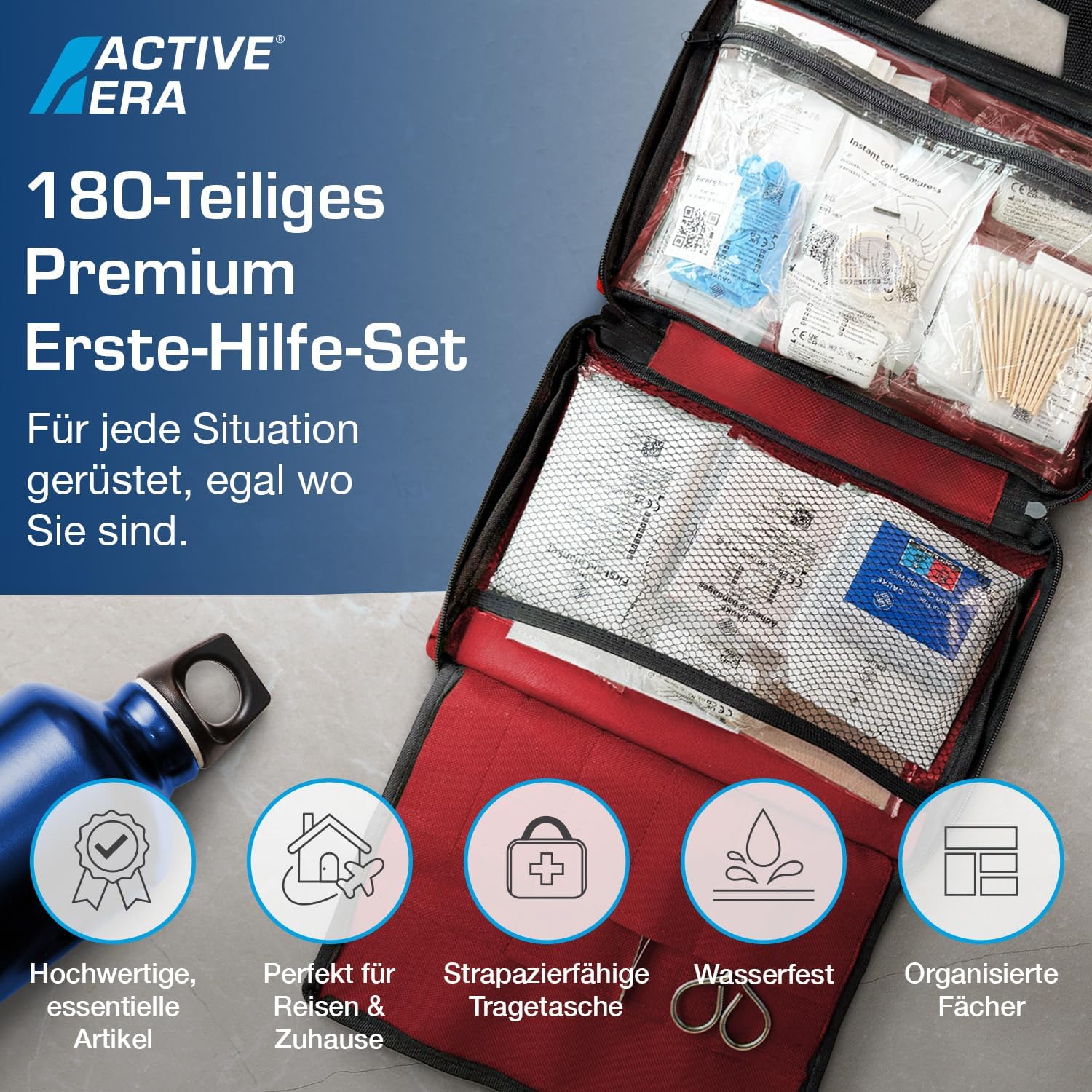Trousse de Secours Complète 180 Pièces – Kit de Survie avec Pansements, Bandages, Ciseaux Médicaux et Couverture – Idéal pour Maison, Bureau, Voiture, Voyage, Camping et Randonnée