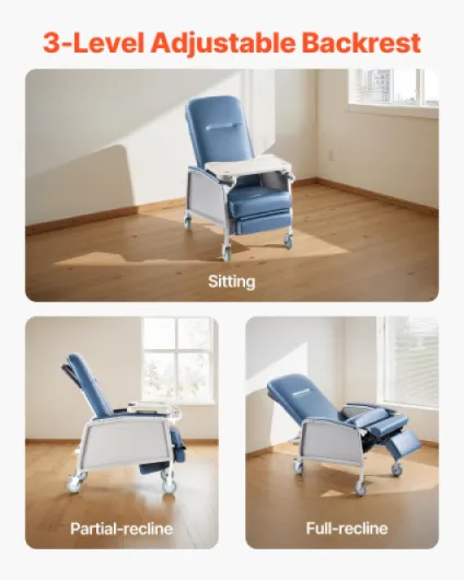 Fauteuil Inclinable Gériatrique 3 Positions, Fauteuil Inclinable Médical Mobile avec 4 Roues, Siège Rembourré, Plateau Amovible, pour Hôpitaux, Maisons de Retraite, Soins Gériatriques à Domicile
