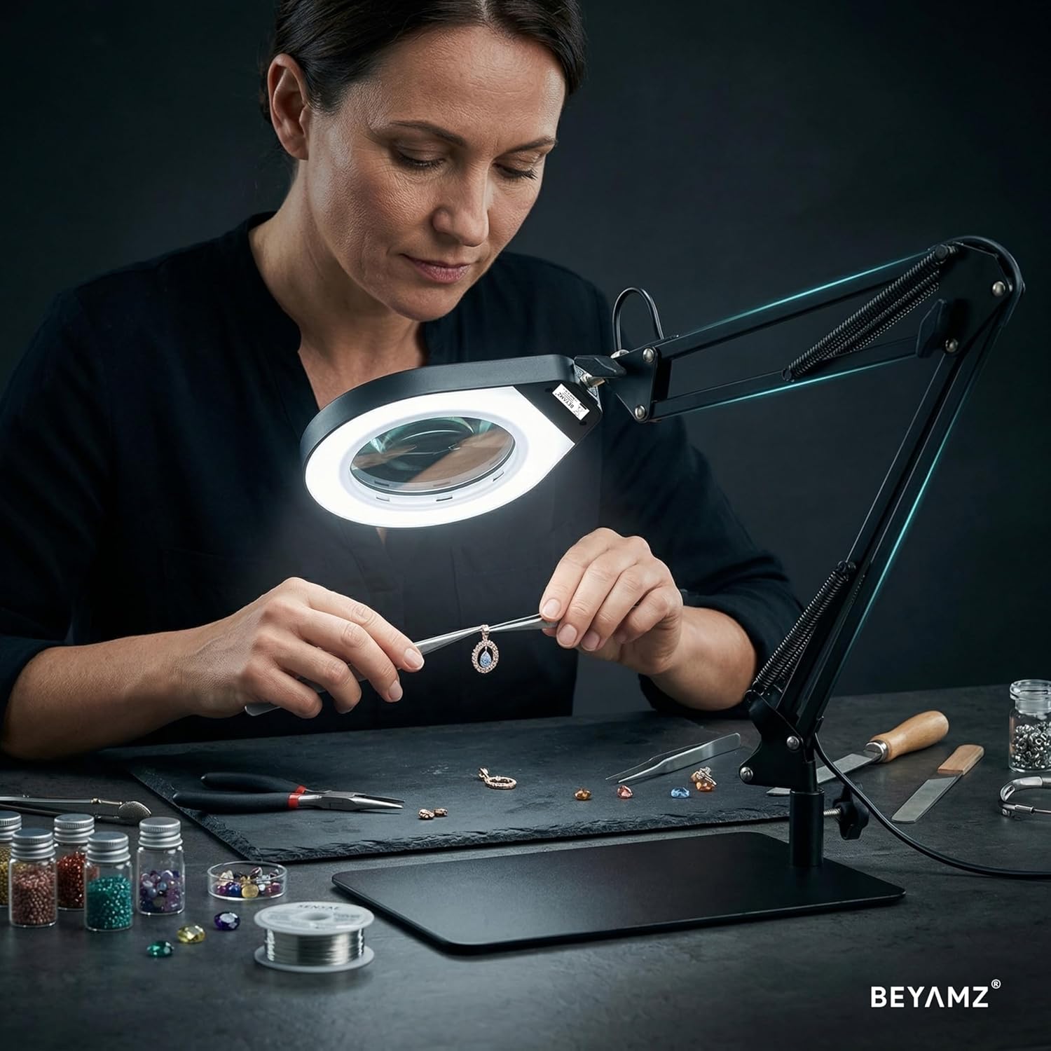 Lampe Loupe avec Support et Pince, Loupe 5X, LED à Intensité Variable et Double Support, pour Tâches de Précision