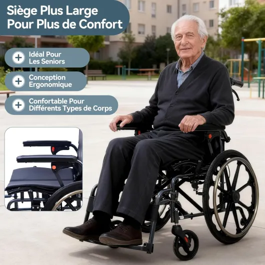 M4 Fauteuil roulant pliable léger avec double rembourrage d'assise, roues avant absorbant les chocs, cadre en aluminium léger, accoudoirs amovibles, pneus en caoutchouc sans entretien M4-noir