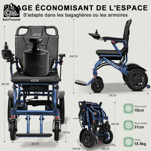 D14 Fauteuil roulant electrique pliable leger, 25KM chaise roulante electrique avec batterie 12Ah amovible en alliage d'aluminium, Pour 150KG, Navigabilité des aéronefs D14-Blue