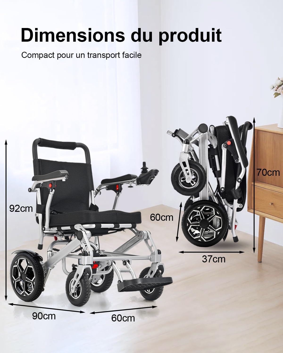 D10 Fauteuil Roulant Électrique Pliable Léger, Moteur 500W, Batterie 12Ah (Autonomie 25km), Approuvé Avion, Charge Maximale 150kg, Pour Adultes et Mobilité Réduite YS