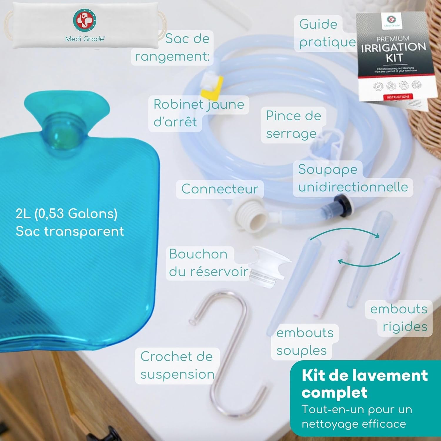 Trousse Lavement Intestinal Qualité à Domicile – Kit Lavement Colon – Enema Kit Comprend une Poche Lavement Réutilisable Accessoires Instructions Sac de Transport Turquoise One size