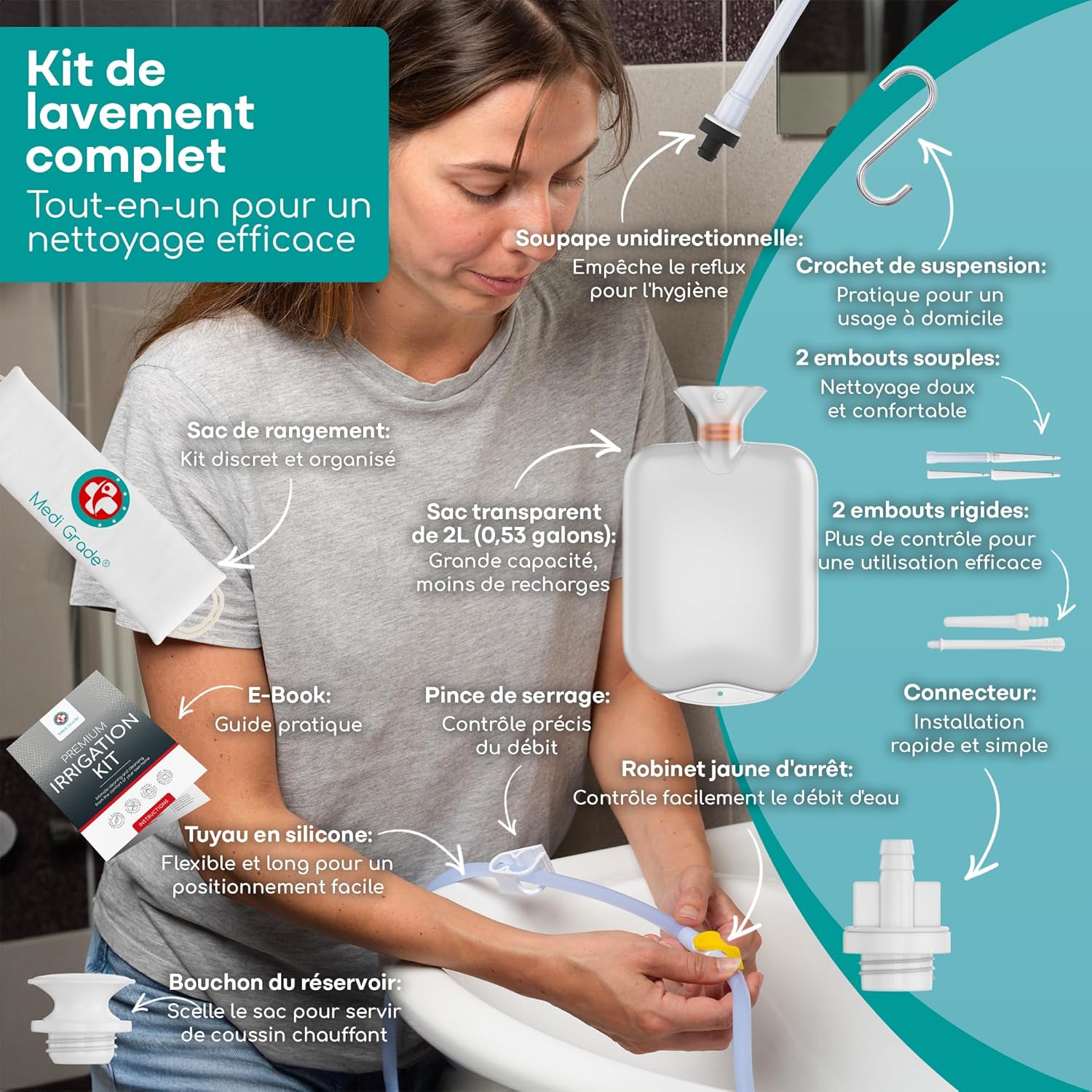 Trousse Lavement Intestinal Qualité à Domicile – Kit Lavement Colon – Enema Kit Comprend une Poche Lavement Réutilisable Accessoires Instructions Sac de Transport Transparent One size