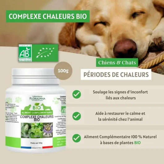 Laboratoire Floralpina - Complexe Chaleurs Bio 100g pour Chien et Chat - Sauge, Houblon, Passiflore