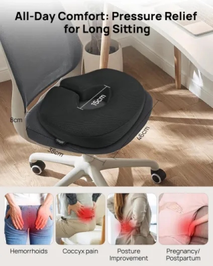 Coussin Coccyx, Coussin Chaise Bureau, Coussin Ergonomique en Mousse Mémoire pour Soulager la Pression et l’Inconfort des Hanches, du Coccyx et des Hemorroide, Siège Auto et Bureau, Réglable Noir Standard(60-100kg)