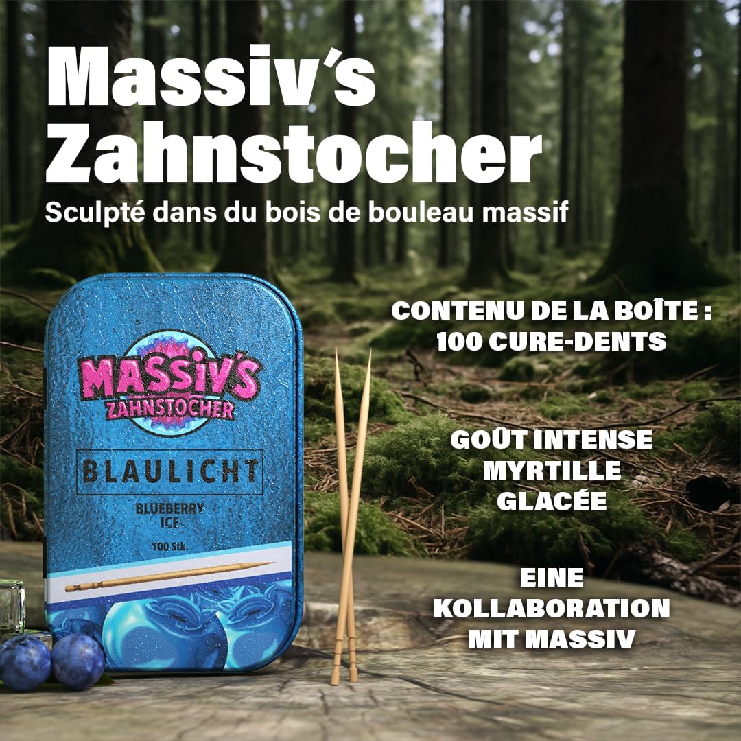 Massiv's Toothpicks – Cure-dents aromatisés – BLAULICHT Blueberry Ice – 100 cure-dents aromatisés – Haleine fraîche – Boîte métallique stylée – Végan, Sans sucre, Sans calories