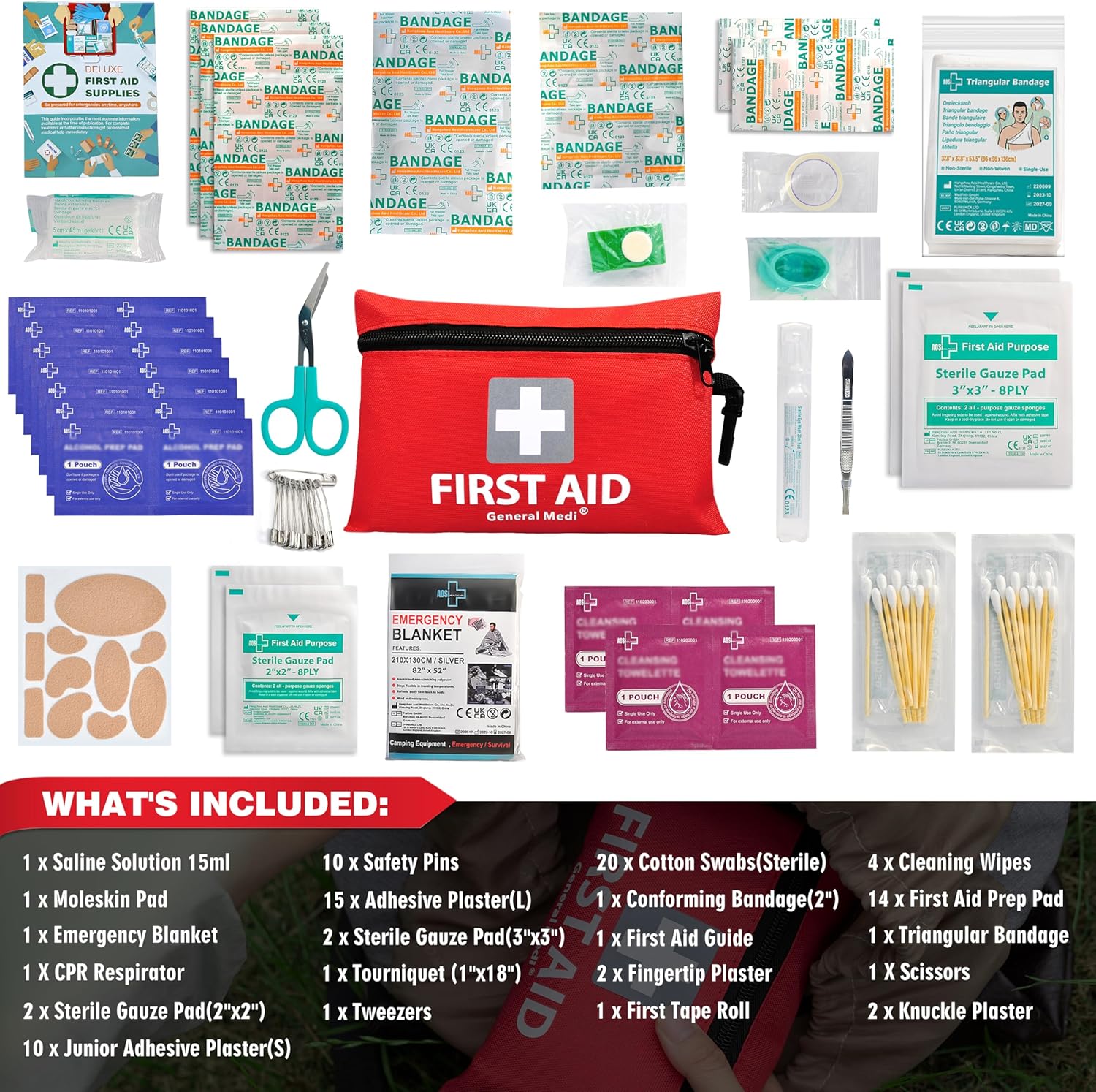 General Medi Trousse de Premiers Secours Composée de 92 Articles pour la Maison, Le Véhicule, Les Voyages, Le Bureau, Le Lieu de Travail, la Randonnée, la Survie et l'Extérieur (Rouge)