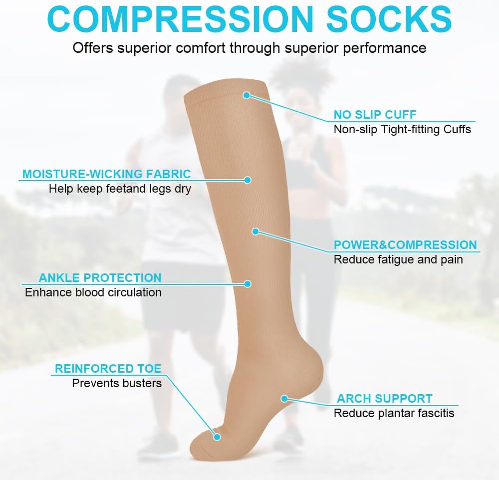 ACWOO Chaussettes de Compression, 2 Paires 15-20 mmHg Bas de Contention pour Femmes et Hommes, Chaussettes de Compression, entorse de la cheville Noir + Couleur de Peau L/XL