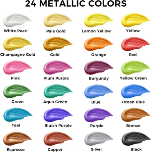 ARTFLY peintures acryliques métallisées, 24 couleurs métallisées en flacons de 60 ml, peinture acrylique, pigments riches, idéale pour les artistes débutants sur toile, roches, tissu et céramique.