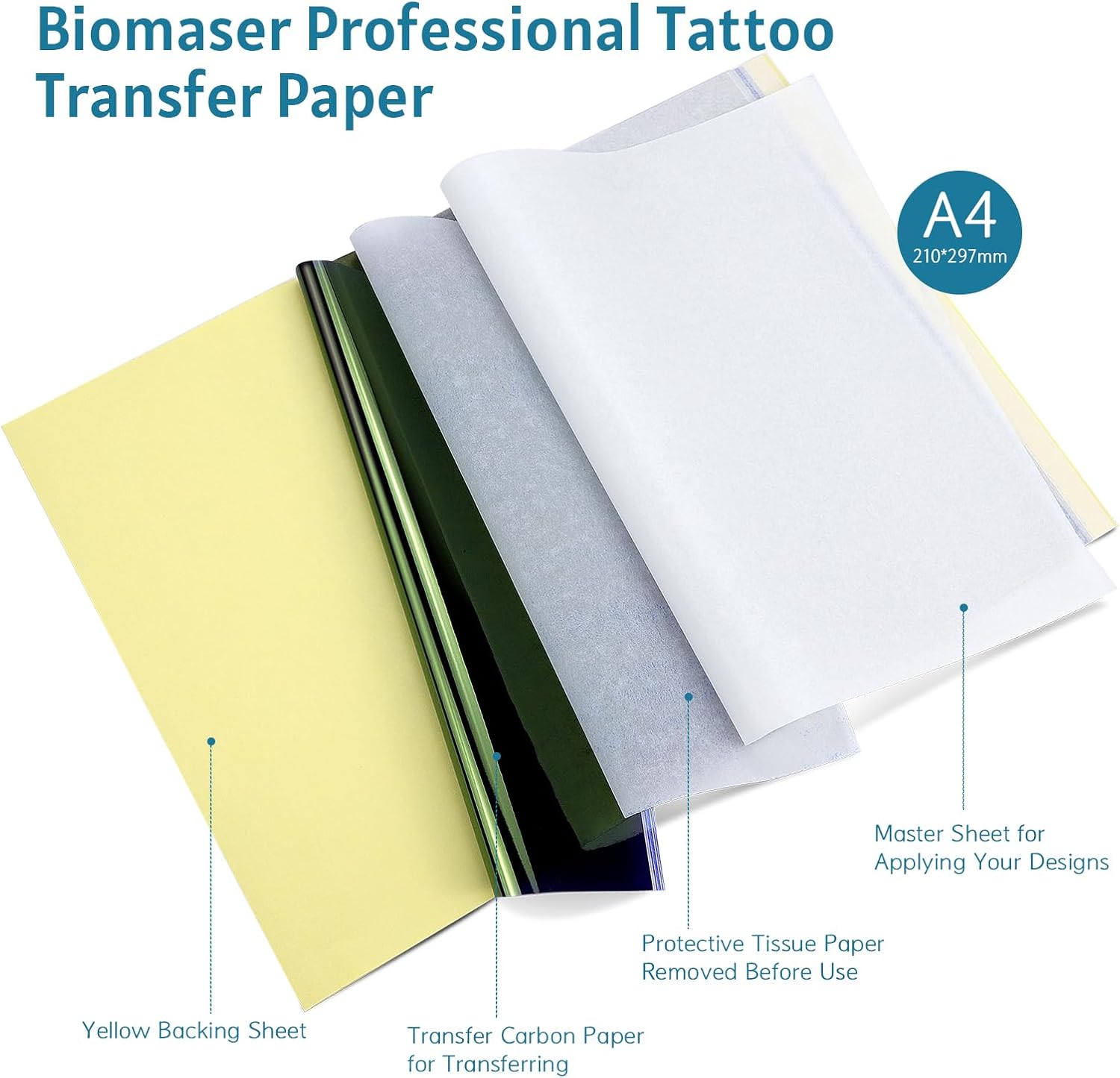 BIOMASER Tattoo Transfer Paper 50 Feuilles A4 Taille Paper Calque, Tatouage Stencil Paper, Papier Stencil Thermique DIY Tattοο Papier pour Tatouage Imprimantes Thermiques