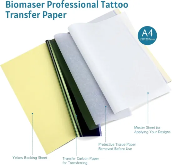 BIOMASER Tattoo Transfer Paper 50 Feuilles A4 Taille Paper Calque, Tatouage Stencil Paper, Papier Stencil Thermique DIY Tattοο Papier pour Tatouage Imprimantes Thermiques