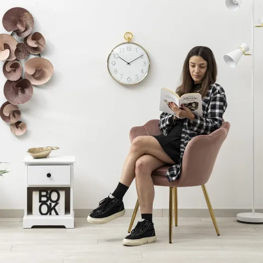 Baroni Home Fauteuil en Velours ave Dossier à Coquillage Rembourré, Chaise avec Pieds en Or, Fauteuil Relax de Salon, de Chambre, Fauteuil de Cuisine et Salle à Manger, 69x71x84 cm, Rose Poudré Rose Poudre