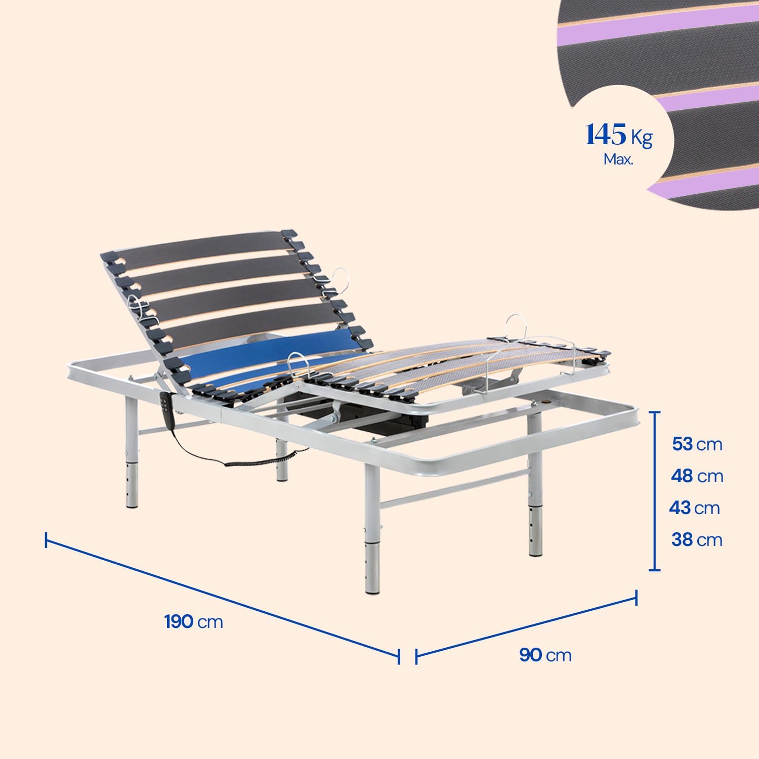 Sommier électrique - 90x190 cm - Renforcé et Compact - Commande par Câble et Pieds réglables sur 4 hauteurs Pieds Réglables + Commande Filaire 90x190 cm