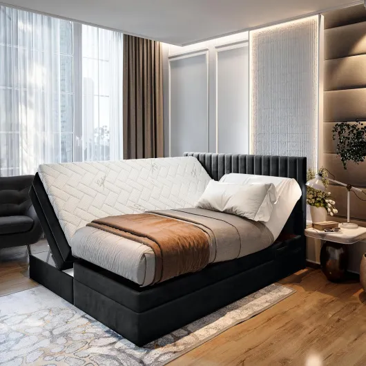 TRADA Lit Adulte ADÈLE - Ensemble Matelas+sommier Relaxation électrique avec Matelas Ressorts ensachés, Rangement et surmatelas en Tissu Velours (Noir, 160 x 200) Noir 160 x 200
