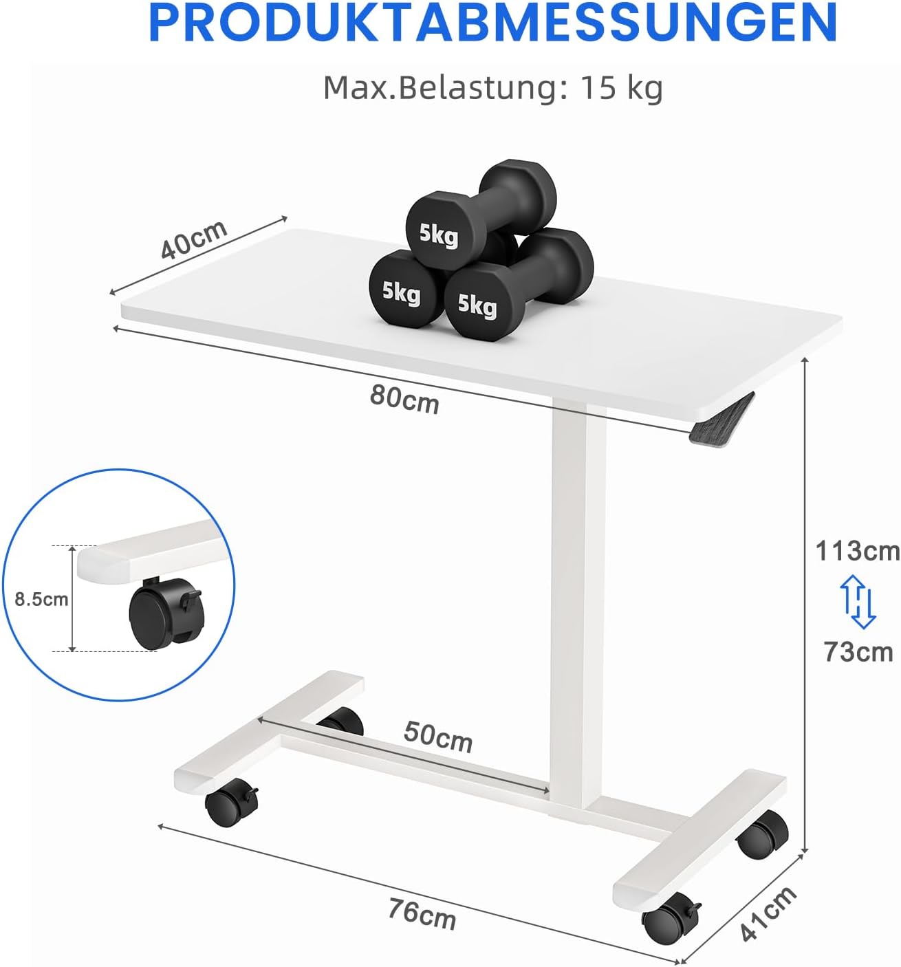 Table d'appoint avec roulettes - Hauteur réglable pour Ordinateur Portable, Bureau en Bois, canapé, Table de Nuit, café - pour Chambre, Salon Blanc Standard Blanc