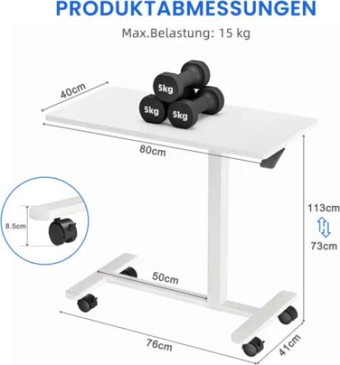 Table d'appoint avec roulettes - Hauteur réglable pour Ordinateur Portable, Bureau en Bois, canapé, Table de Nuit, café - pour Chambre, Salon Blanc Standard Blanc