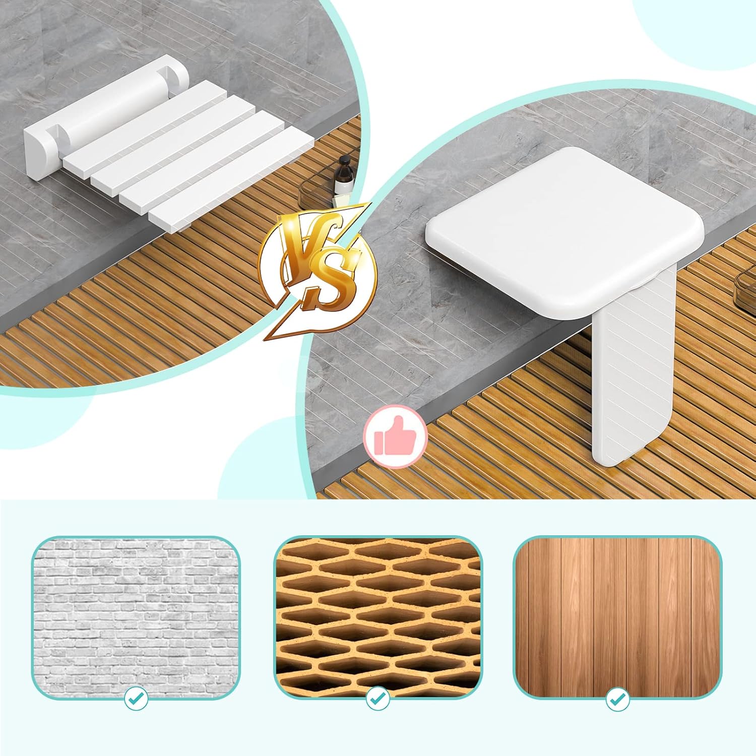 Siège de Douche Rabattable Mural Pied Fixe - 200kg Portée Max, Tabouret Pliable Adulte/PMR, Surface Anti-Dérapant, ABS Blanc pour Salle de Bain