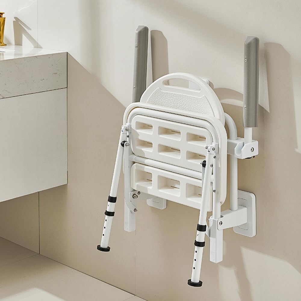 HEYOUTH Siège de Douche Rabattable,Siege de Douche Mural,Tabouret de Douche,Antidérapant,maximale:180kg,avec accoudoirs et Dossier,Hauteur Réglable,avec Coussinets antidérapants,pour Personnes âgées